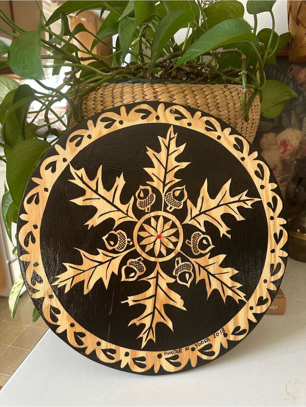 Handmade Hunter Yoder Mighty Oak Wooden Painted Hex Sign 12”